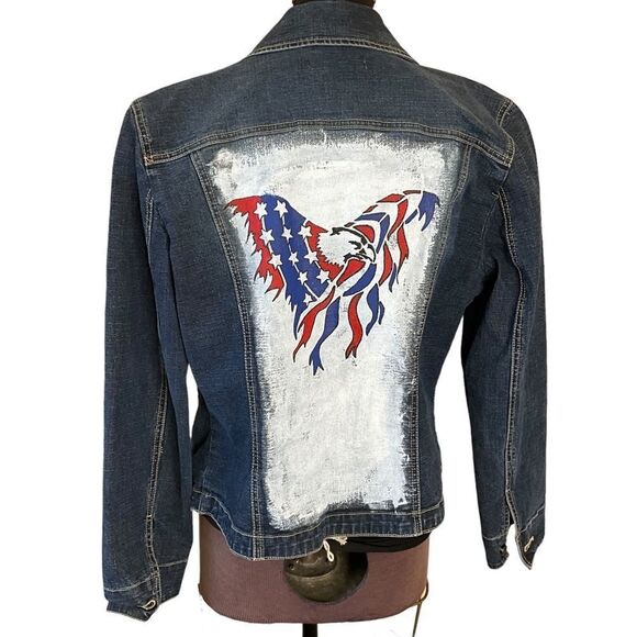 Ami Jackets & Blazers - Custom Woman's Denim Jacket Size M Hand Painted Eagle Americana Upcycled